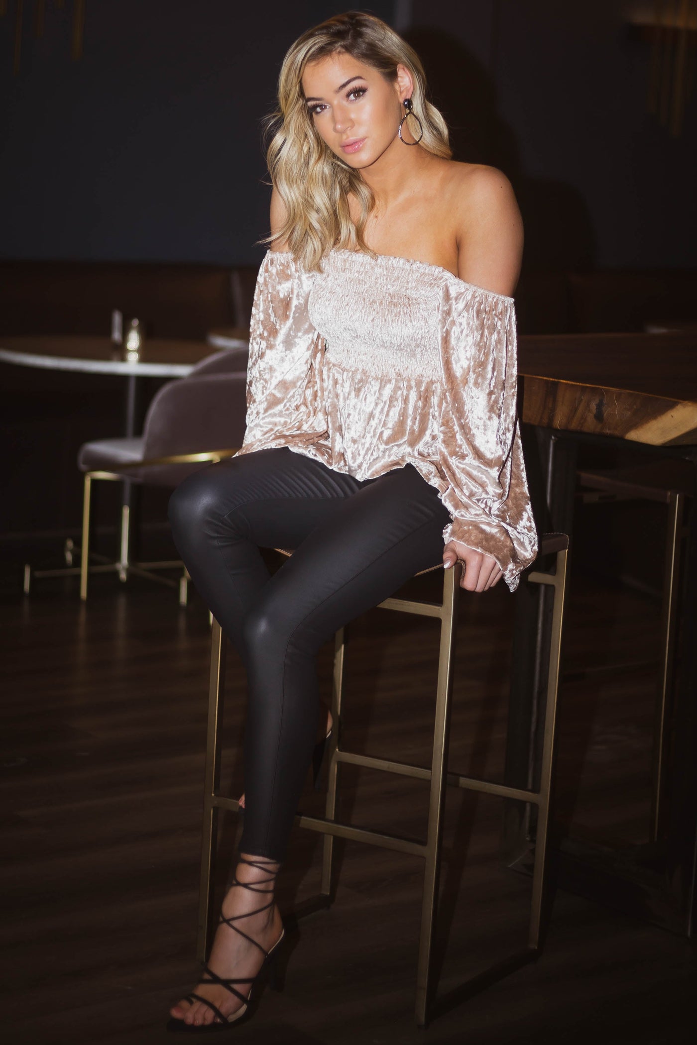 Light Latte Smocked Bodice Long Sleeve Velvet Top