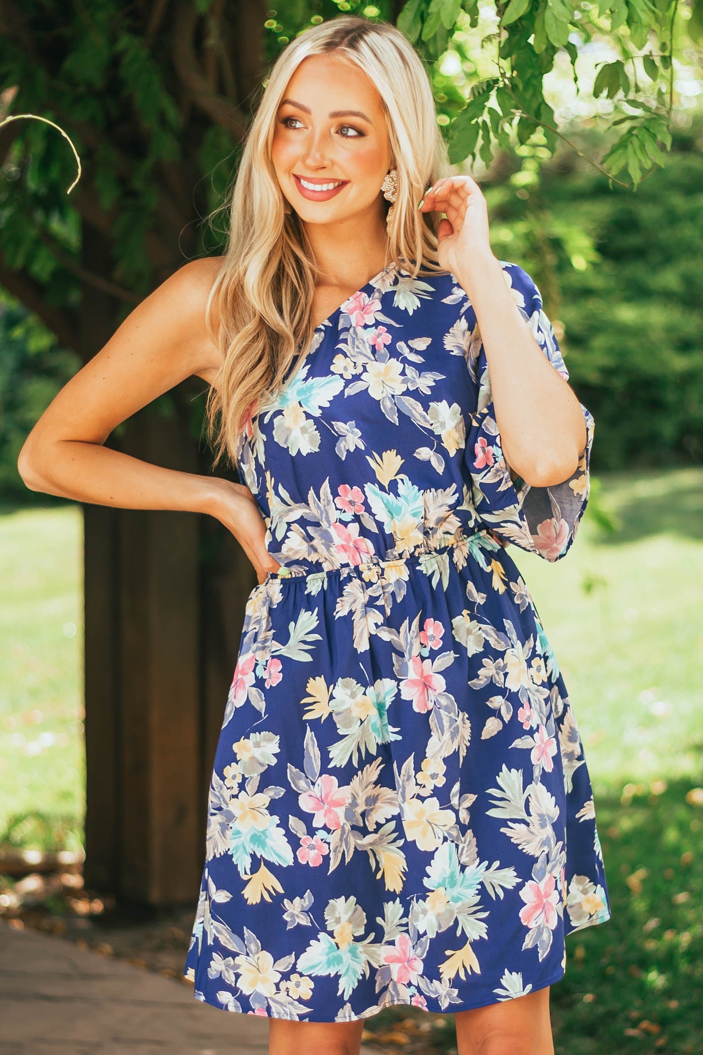 Light Navy Floral Print One Shoulder Short Dress