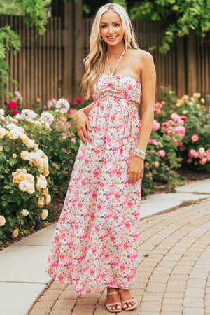 Light Raspberry Floral Print Strapless Maxi Dress