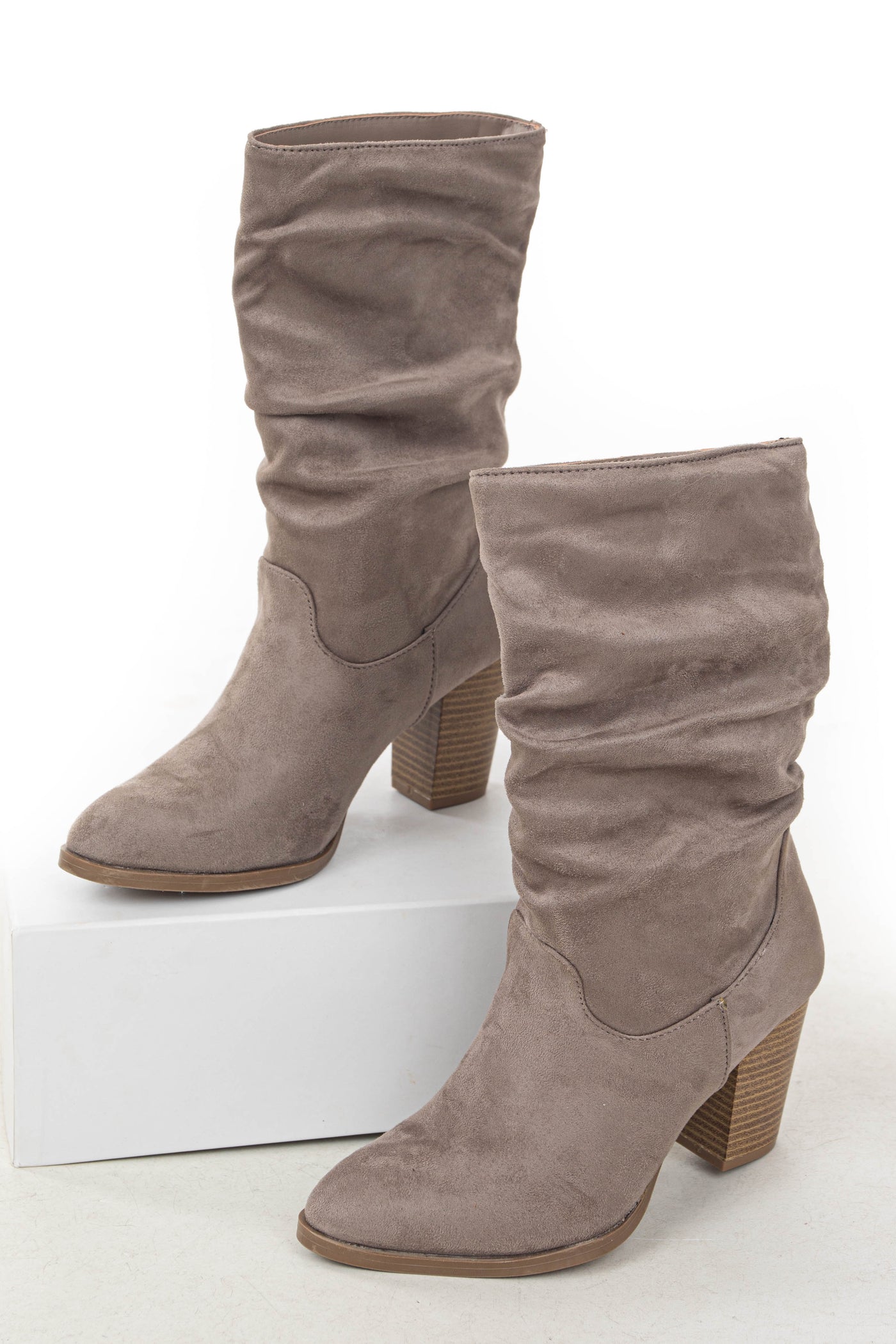Light Taupe Faux Suede Slouchy Mid Calf Heel Boots