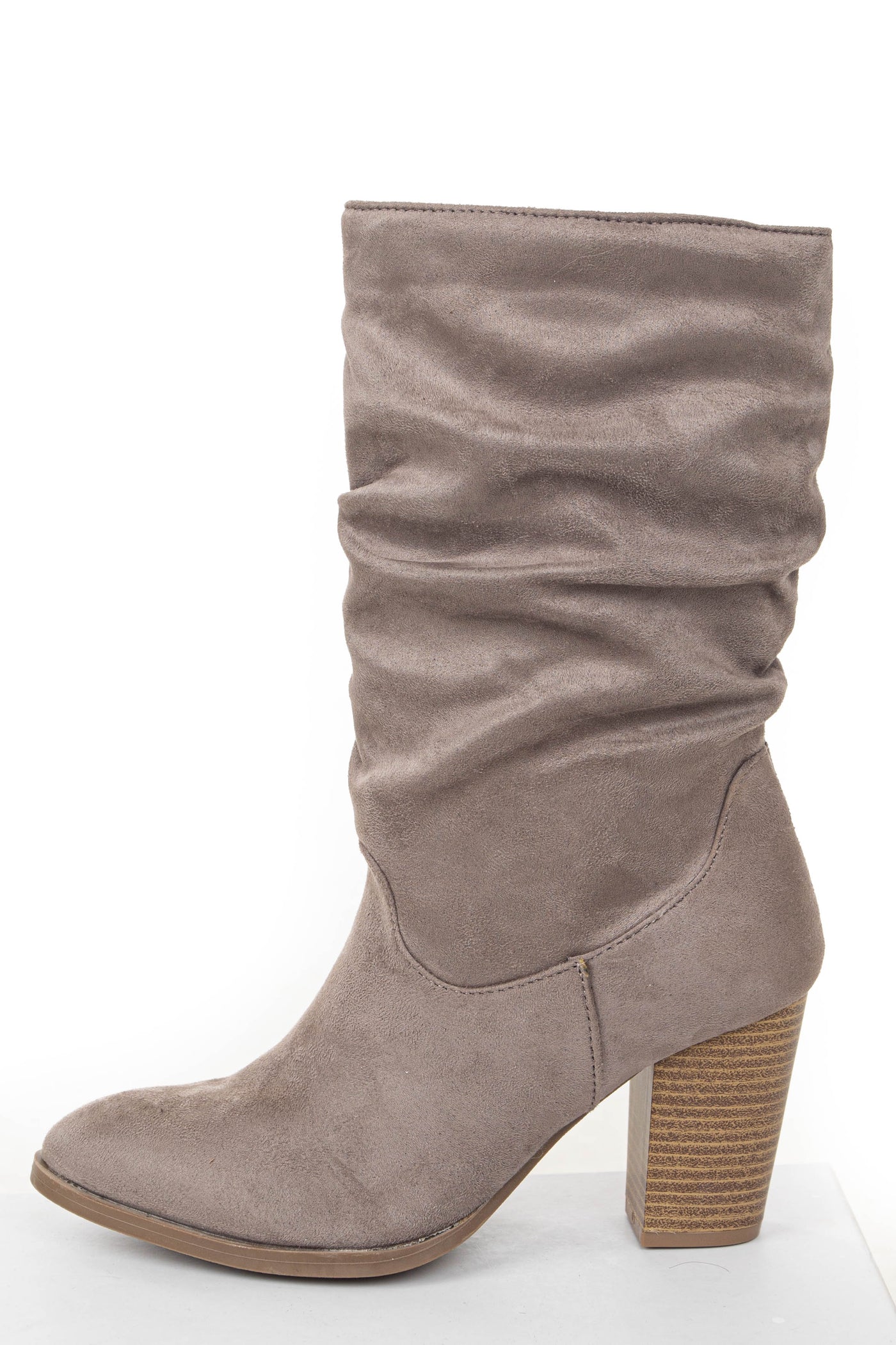 Light Taupe Faux Suede Slouchy Mid Calf Heel Boots