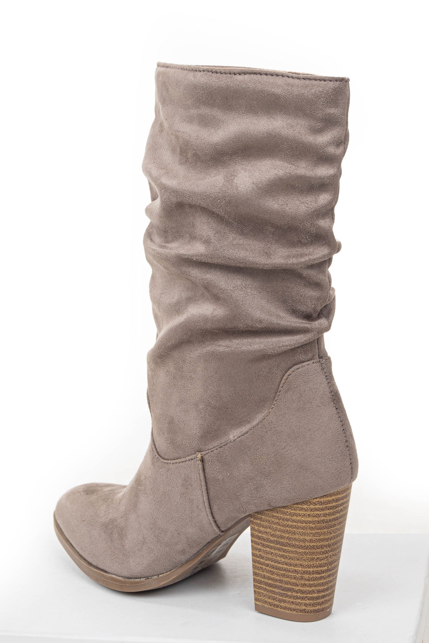 Light Taupe Faux Suede Slouchy Mid Calf Heel Boots
