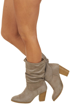 Light Taupe Faux Suede Slouchy Mid Calf Heel Boots