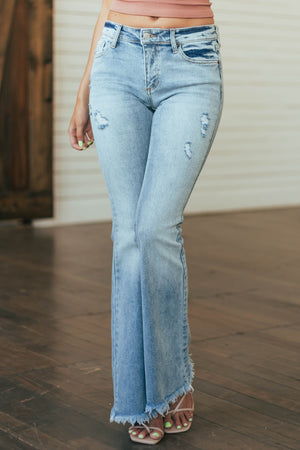 Light Wash Mid Rise Frayed Denim Flare Jeans