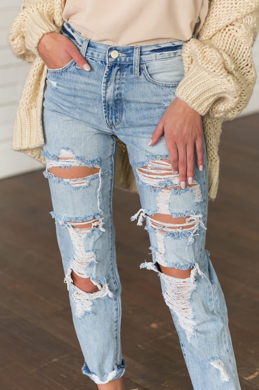 Light High Rise Distressed Boyfriend Jeans