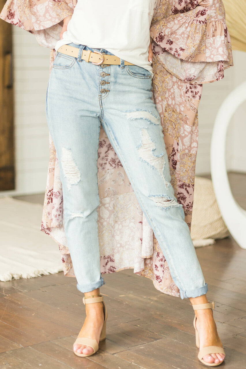 Light High Rise Multi Button Fly Mom Jeans