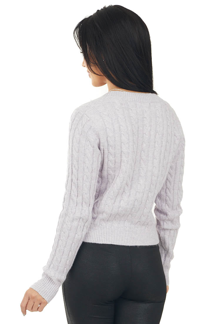 Lilac Cable Knit Cardigan with Rhinestone Buttons
