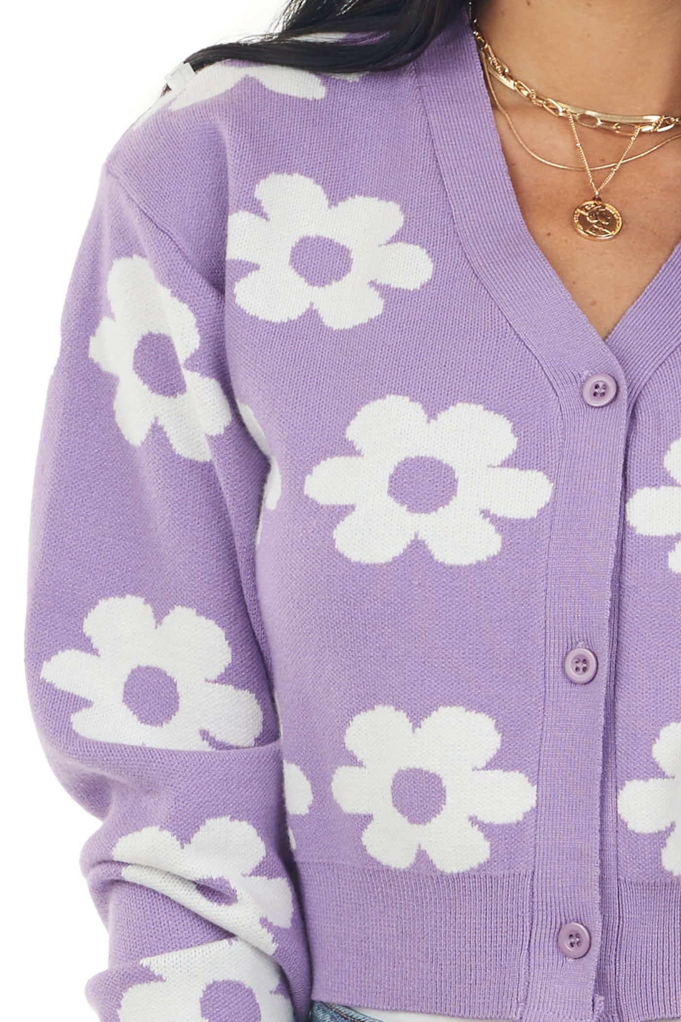 Lilac Daisy Button Front Cropped Knit Cardigan
