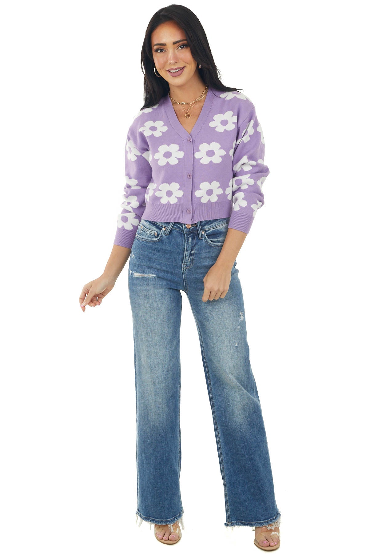 Lilac Daisy Button Front Cropped Knit Cardigan