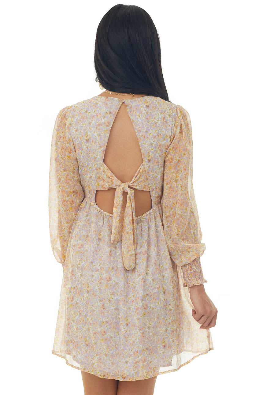 Lilac Floral Print Long Sleeve V Neck Short Dress