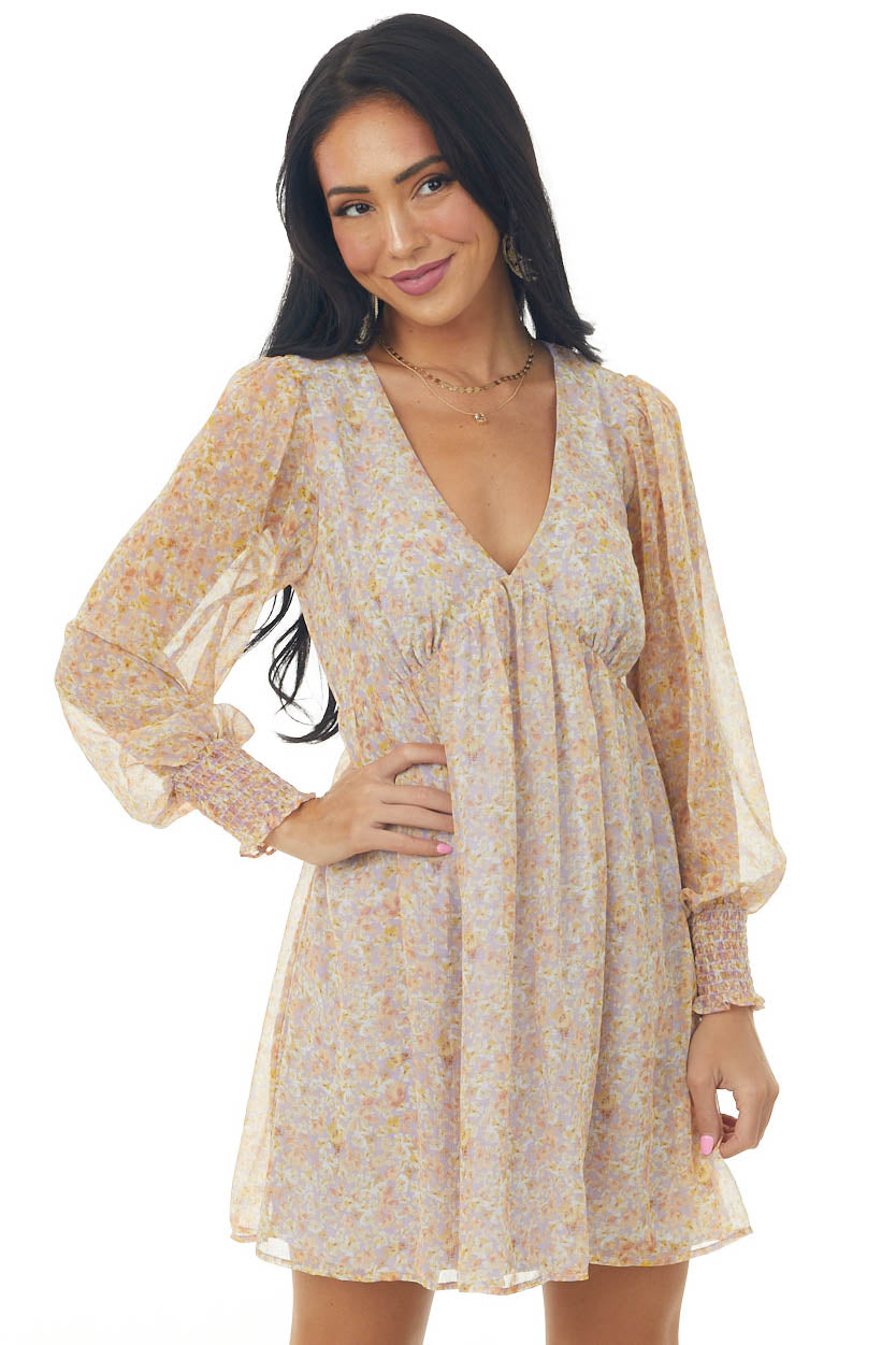 Lilac Floral Print Long Sleeve V Neck Short Dress