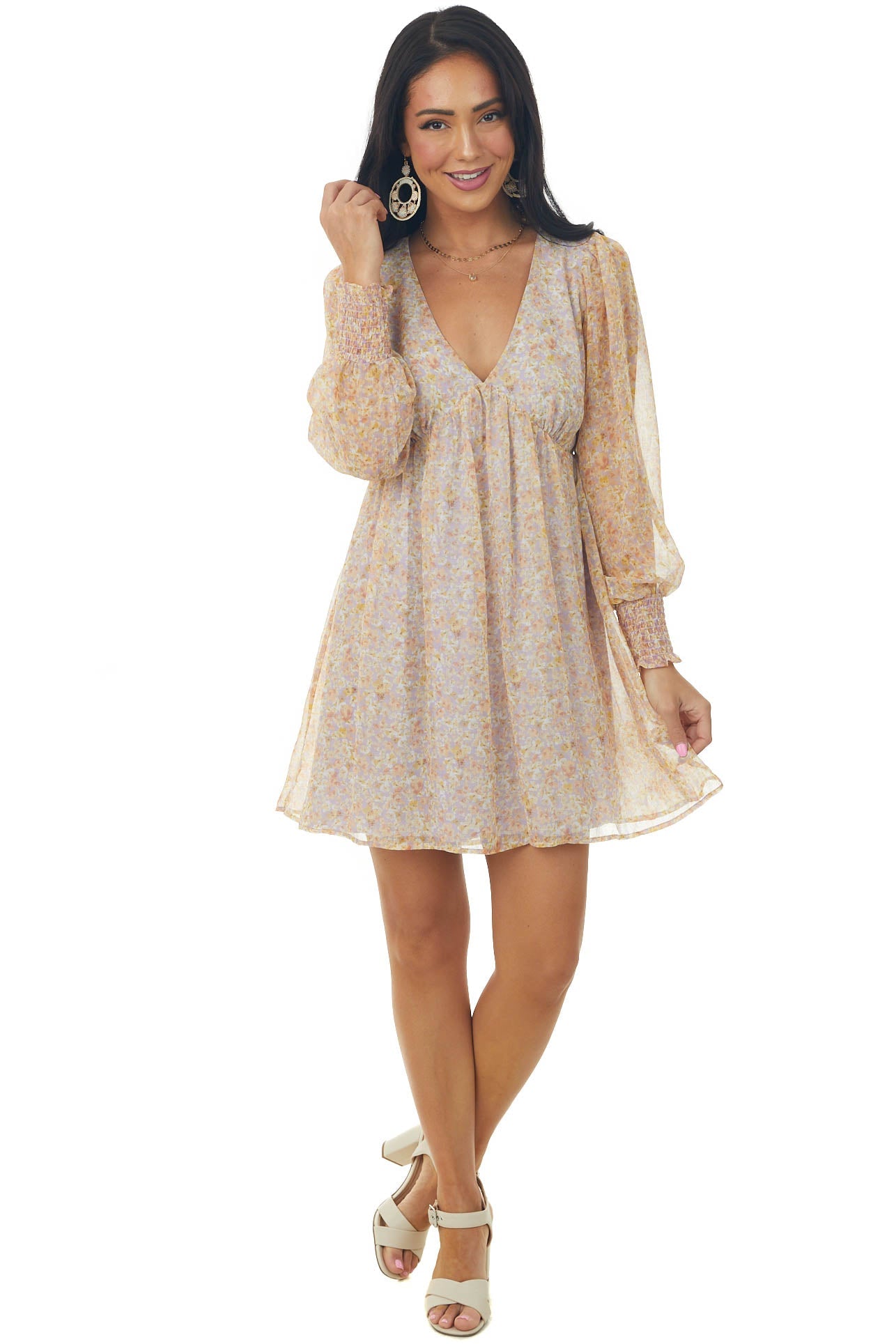 Lilac Floral Print Long Sleeve V Neck Short Dress