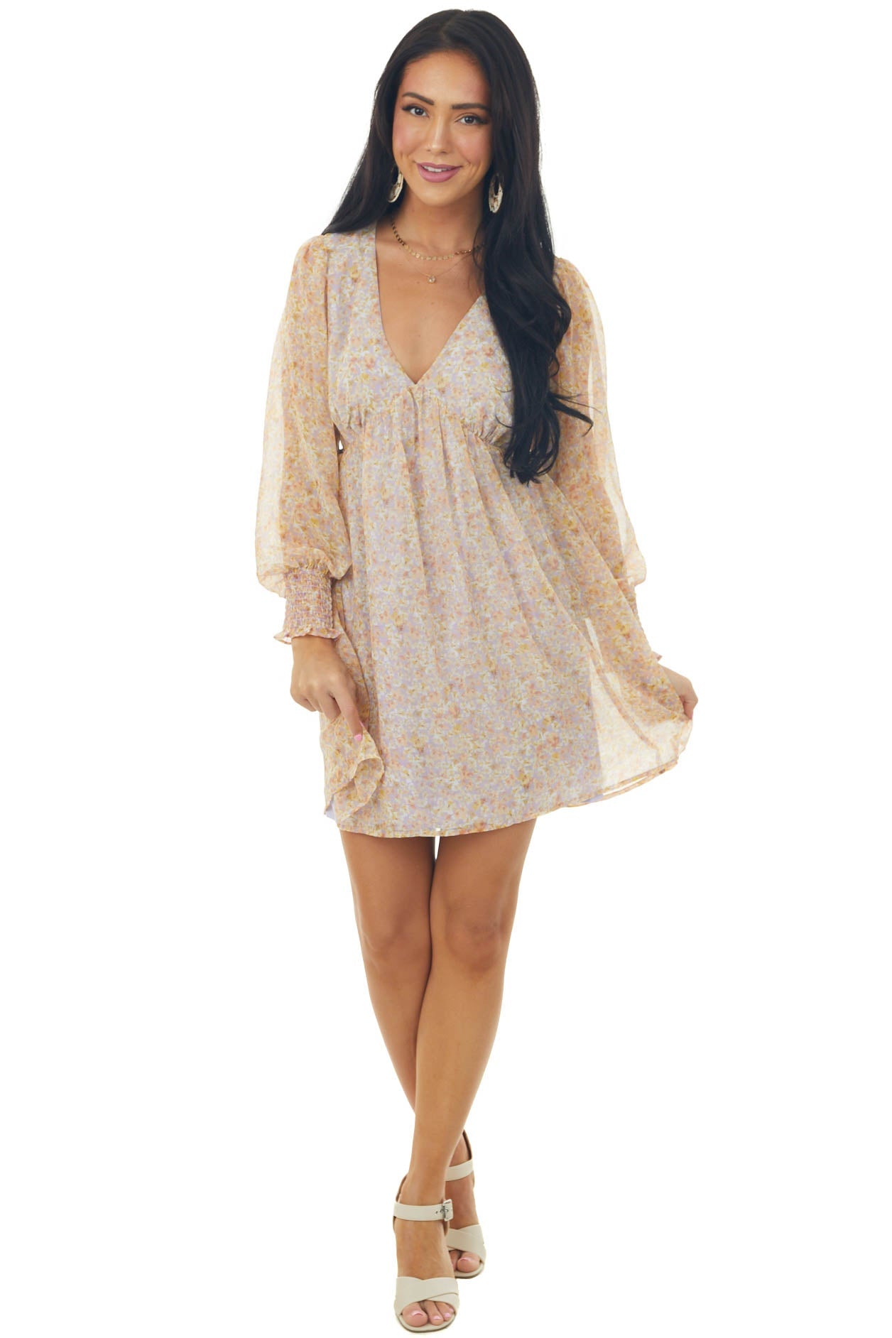 Lilac Floral Print Long Sleeve V Neck Short Dress