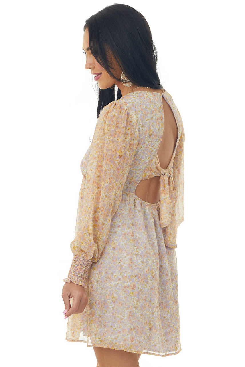 Lilac Floral Print Long Sleeve V Neck Short Dress