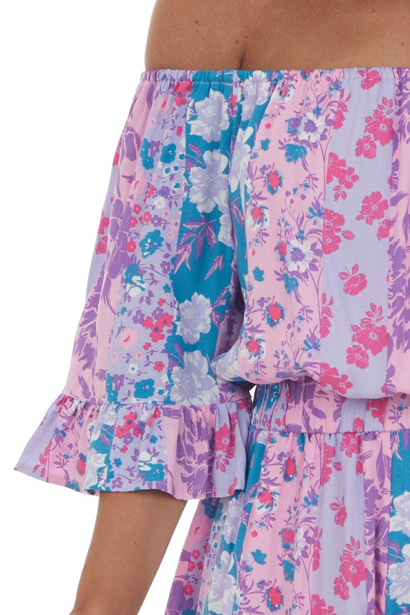 Lilac Floral Print Off Shoulder Woven Romper