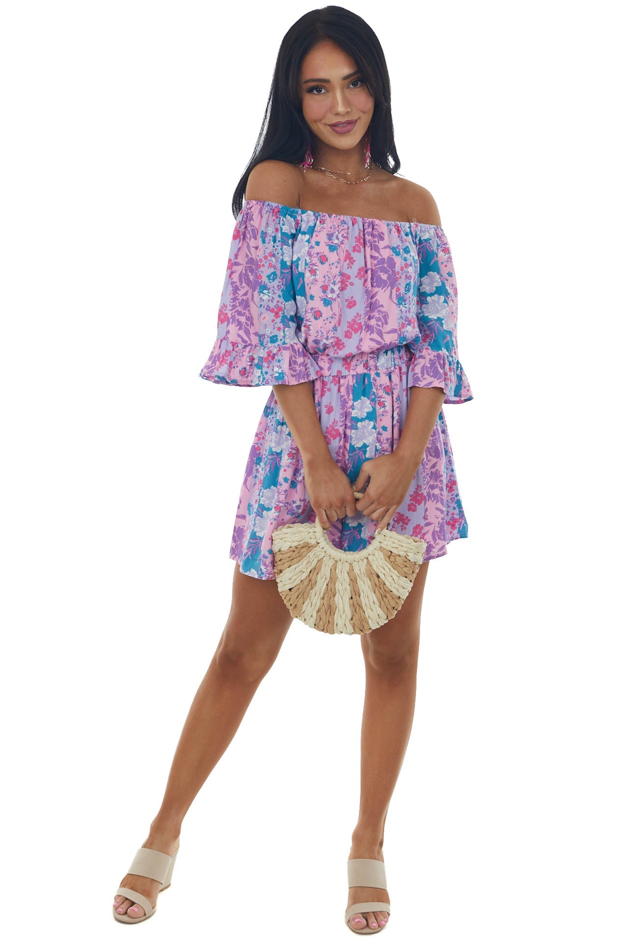 Lilac Floral Print Off Shoulder Woven Romper