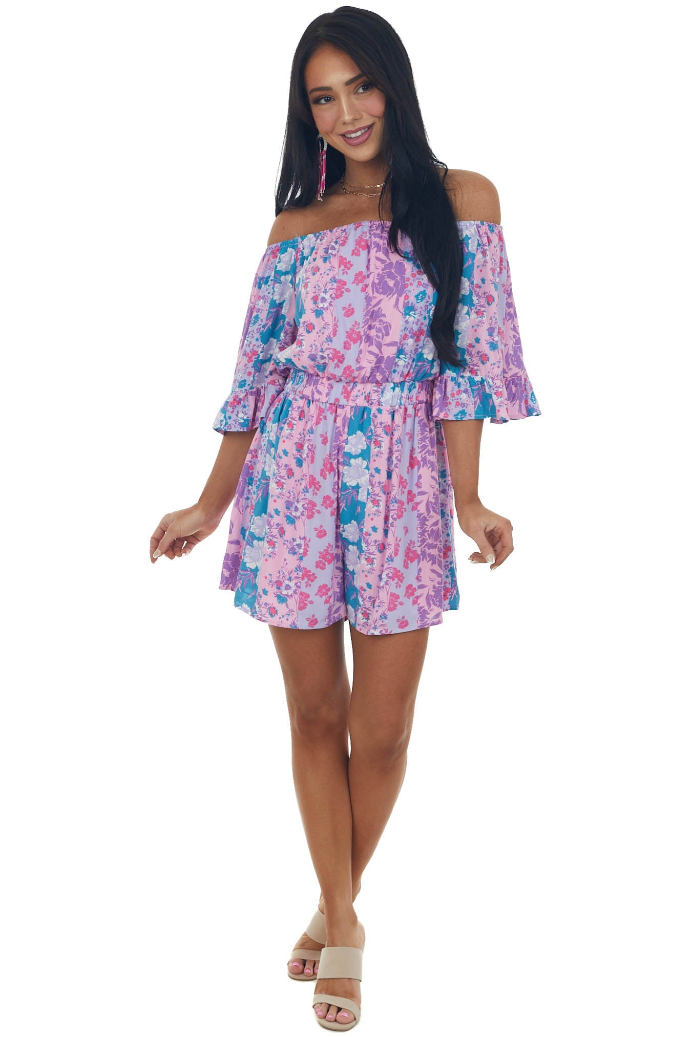 Lilac Floral Print Off Shoulder Woven Romper