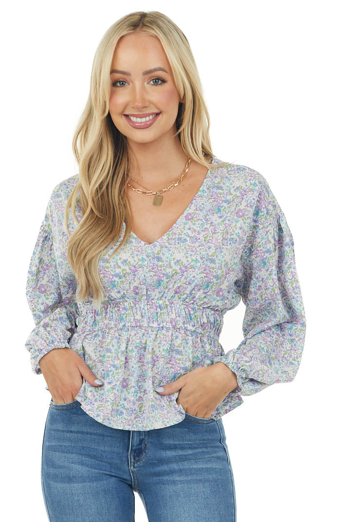 Lilac Floral Smocked Waist V Neckline Top