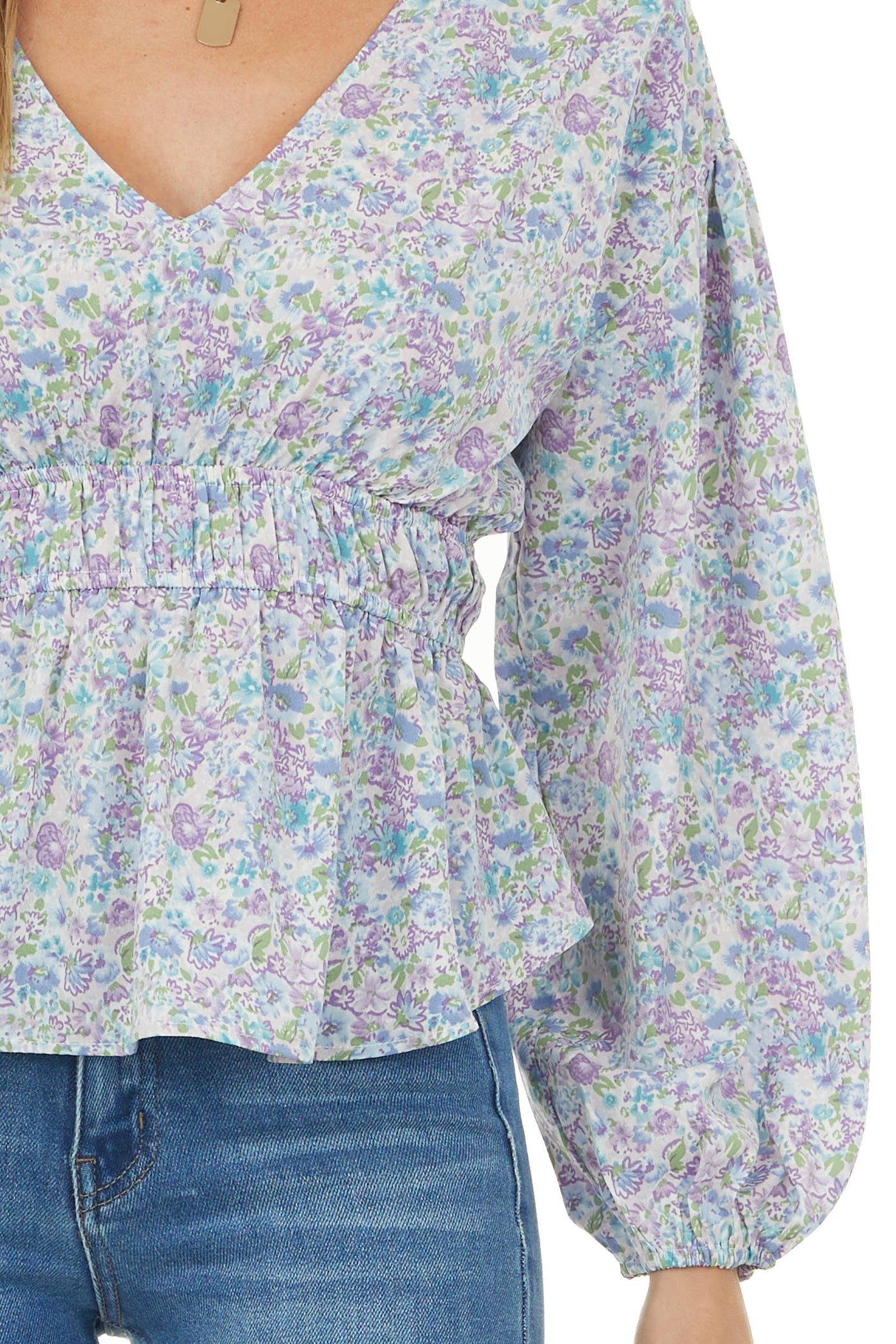 Lilac Floral Smocked Waist V Neckline Top