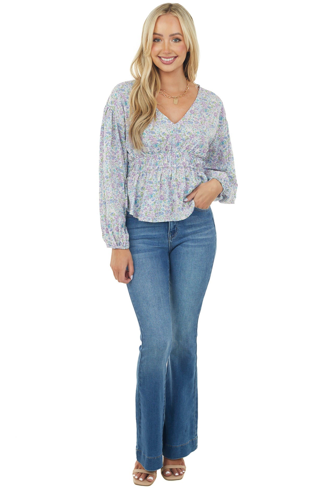 Lilac Floral Smocked Waist V Neckline Top