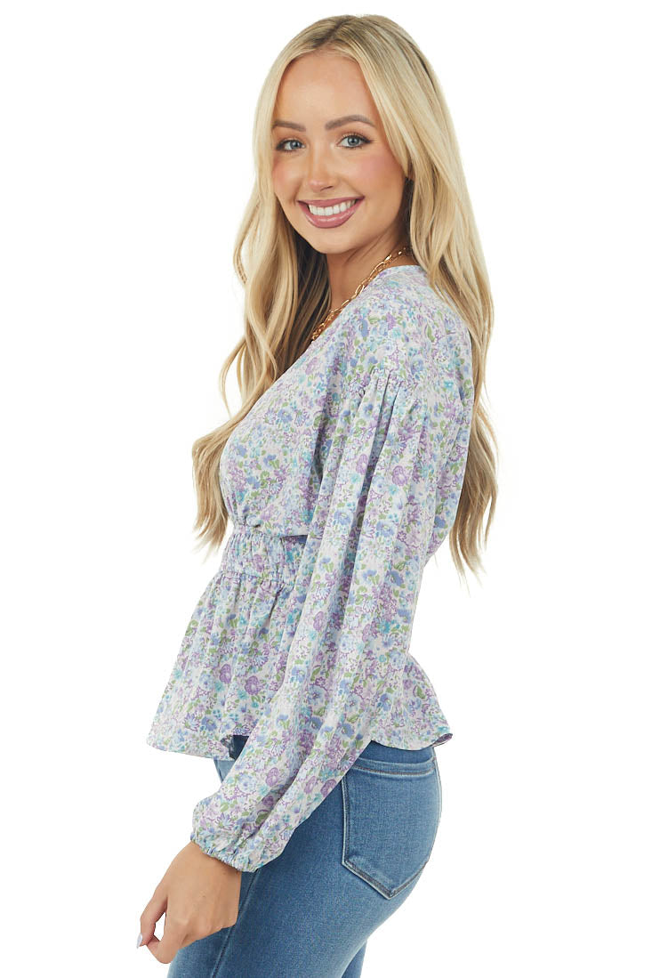 Lilac Floral Smocked Waist V Neckline Top