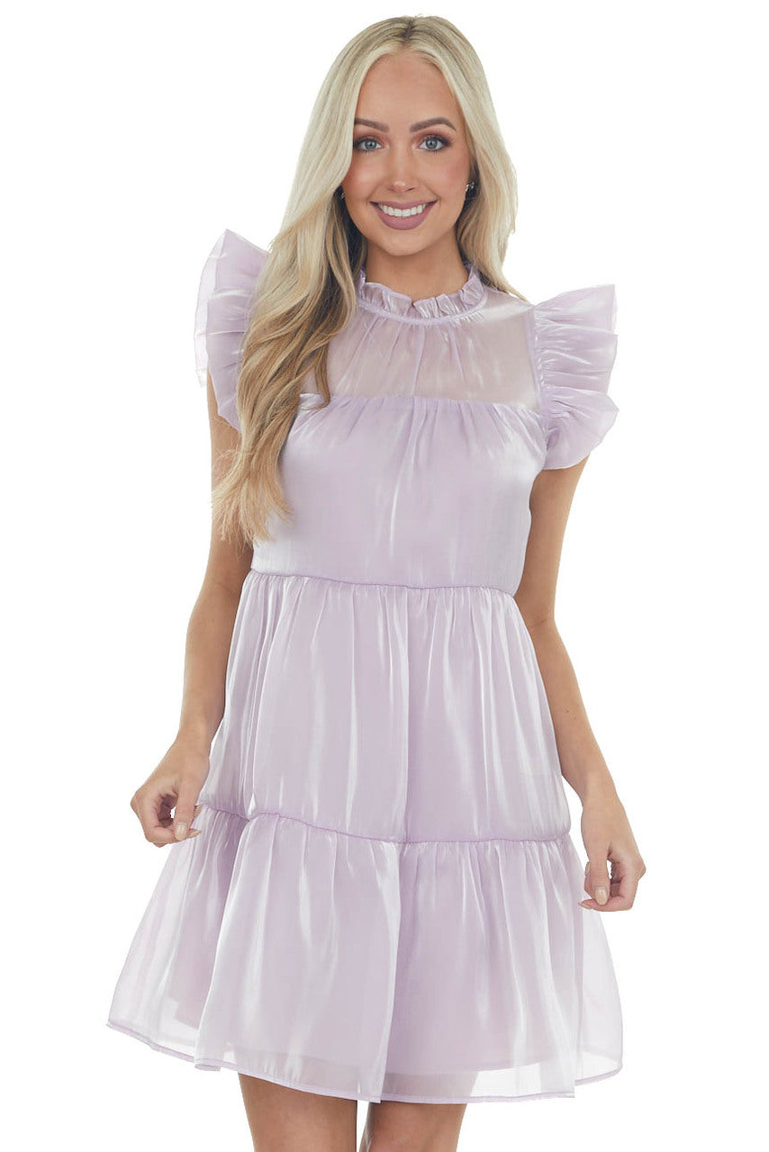 Lilac Glossy Short Dress with Flutter Sleeves
