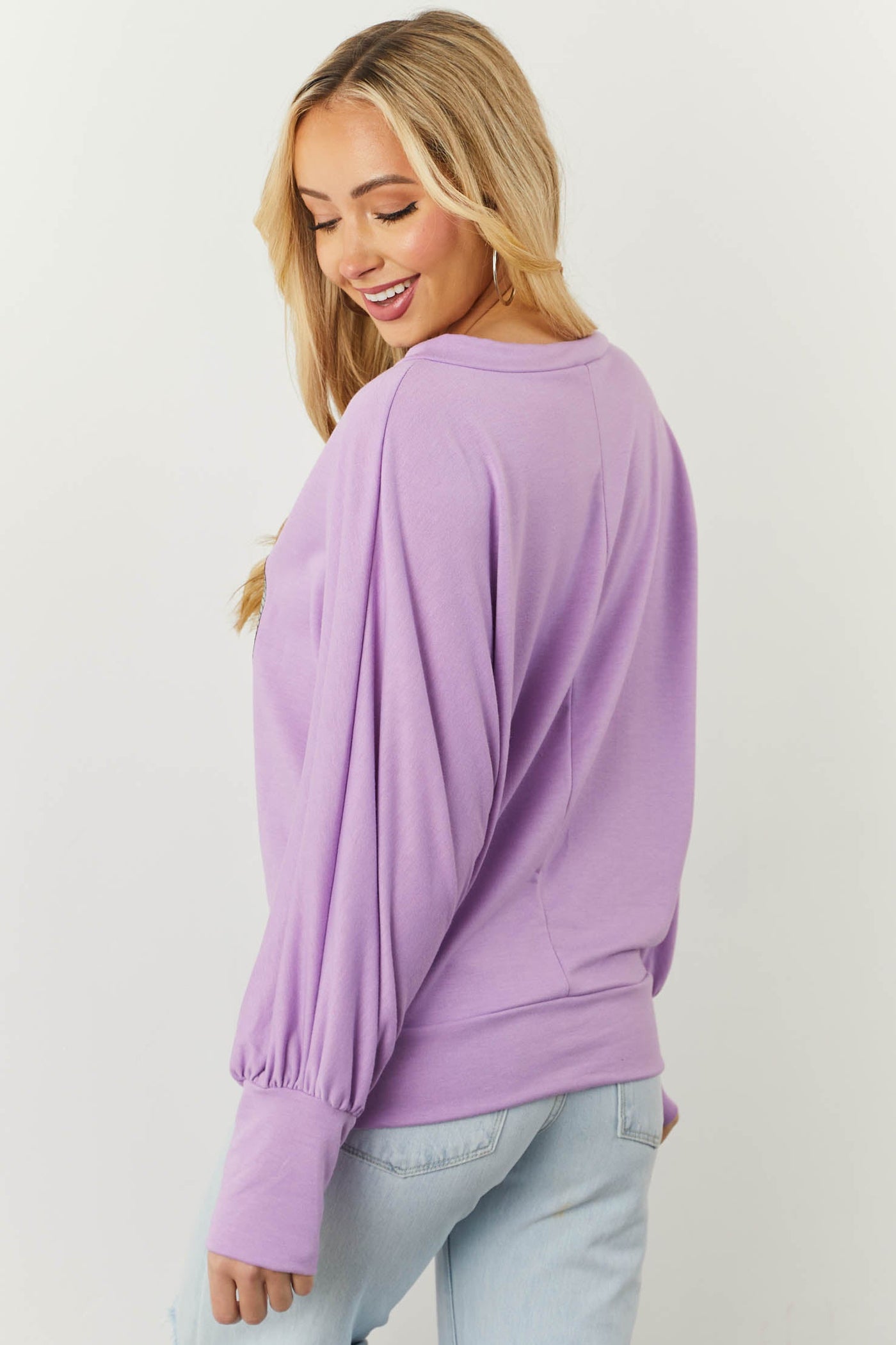 Lilac Holographic Smiley Face Knit Top