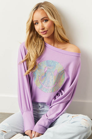 Lilac Holographic Smiley Face Knit Top