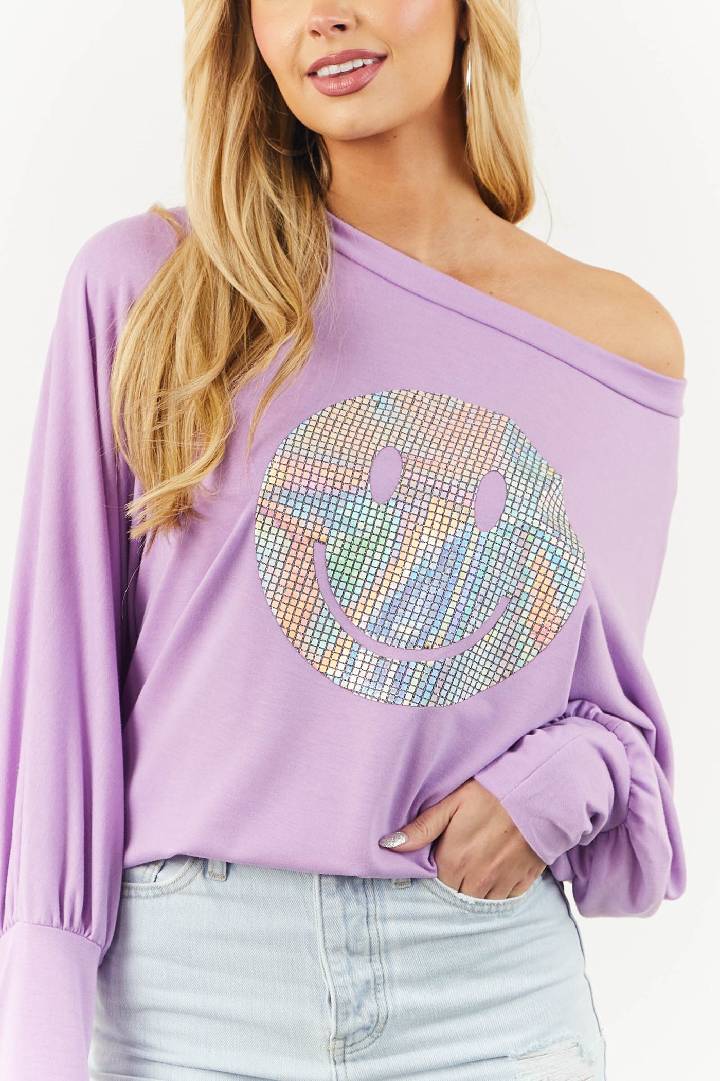 Lilac Holographic Smiley Face Knit Top
