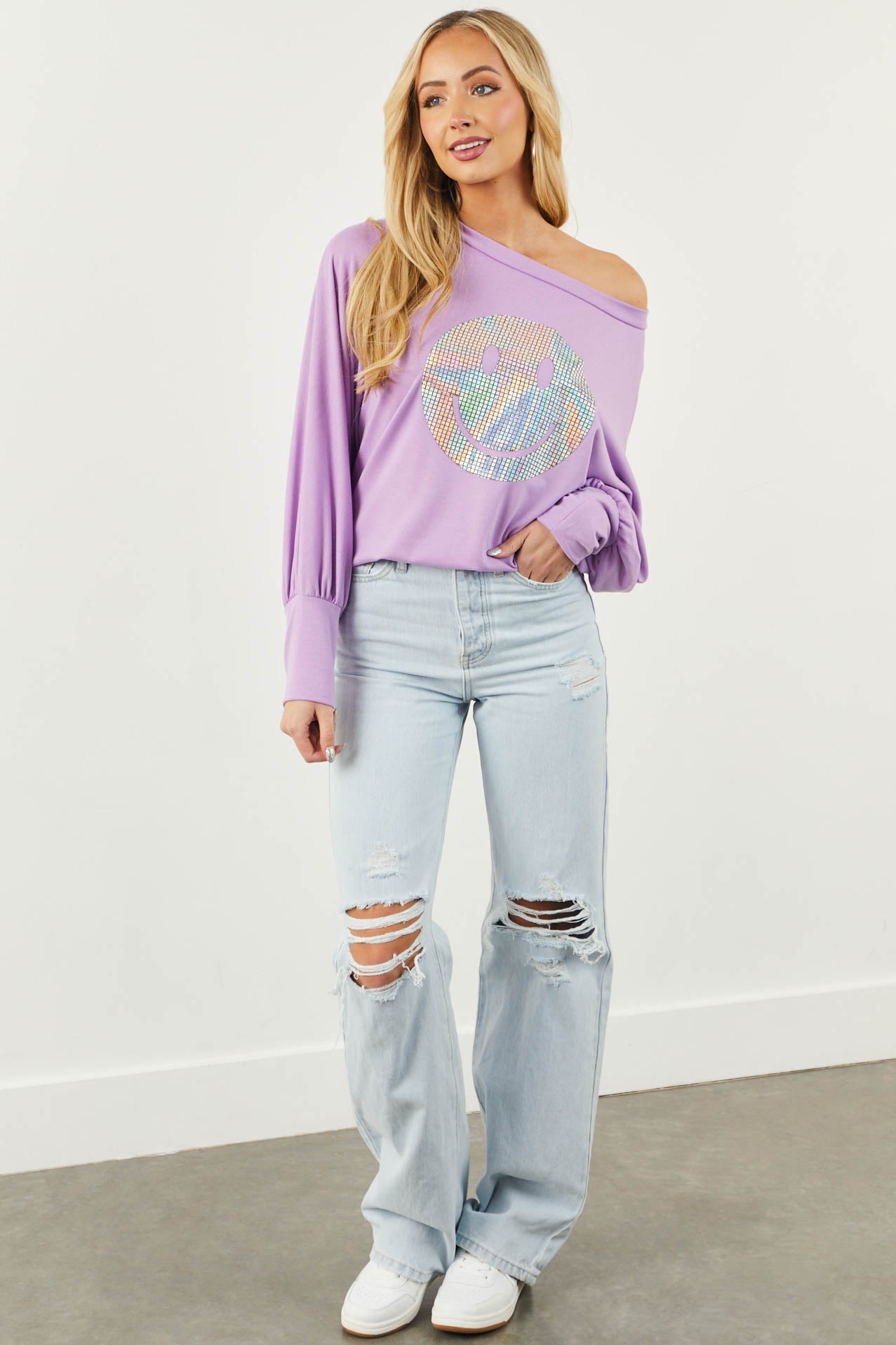 Lilac Holographic Smiley Face Knit Top