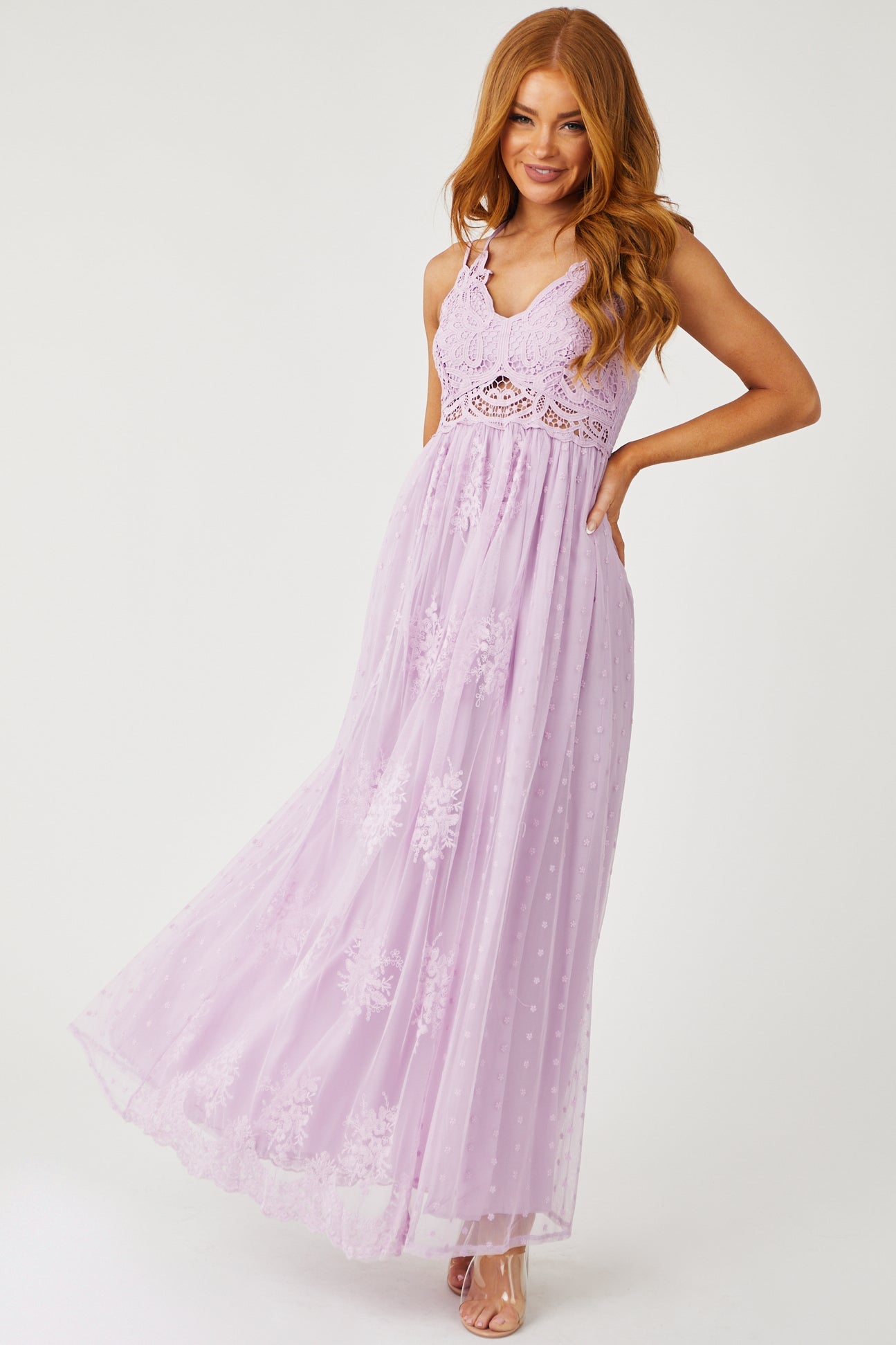 Lilac Lace Sleeveless Mesh Maxi Dress