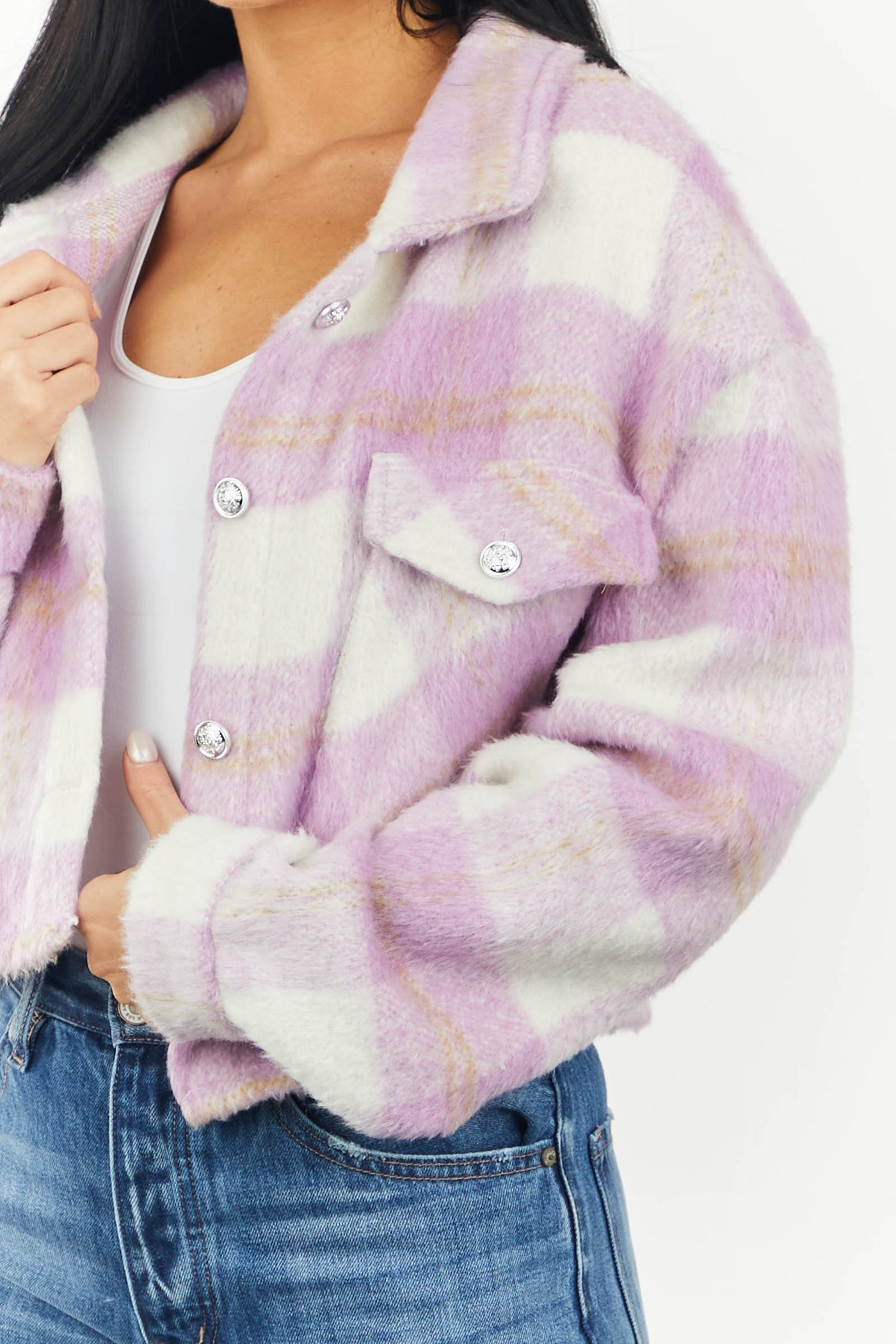 Lilac Plaid Cropped Fleece Shirt Jacket
