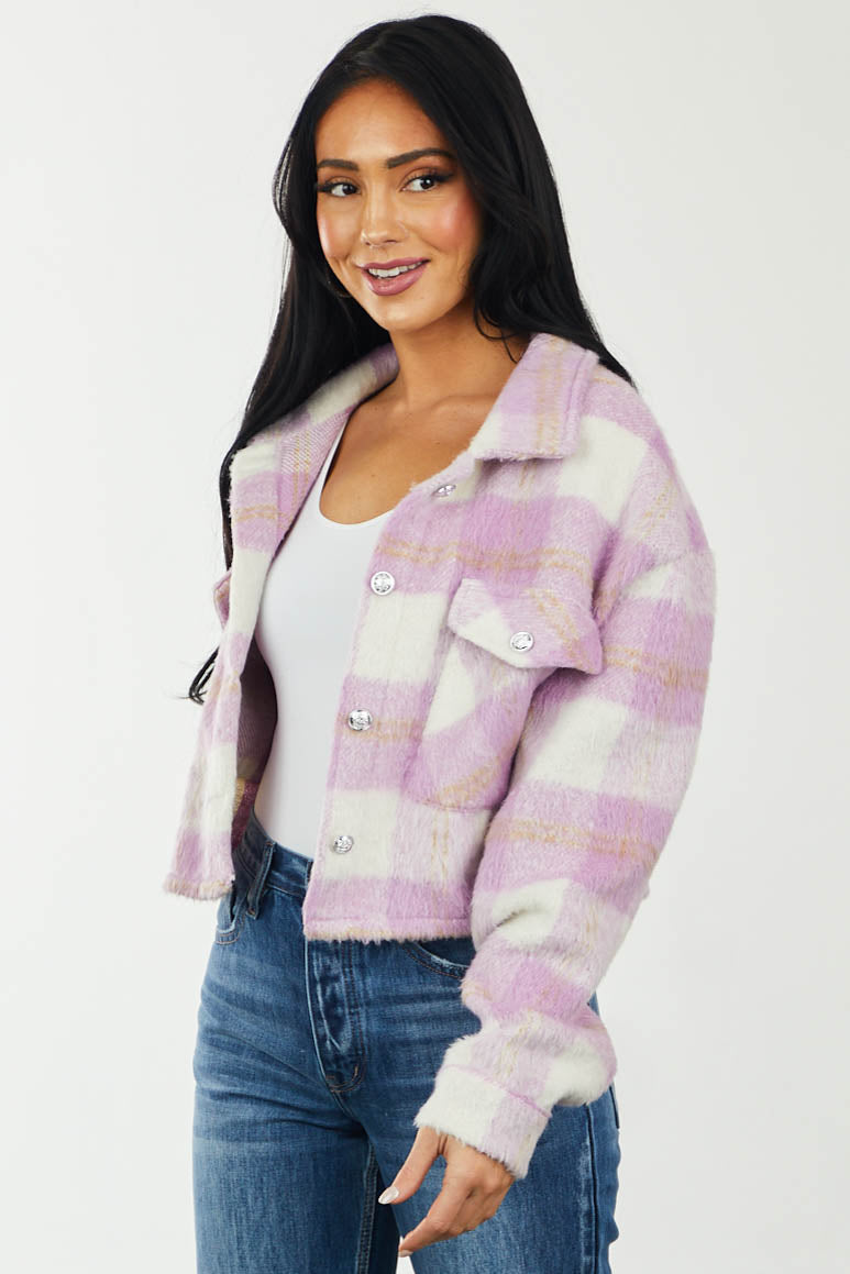 Lilac Plaid Cropped Fleece Shirt Jacket