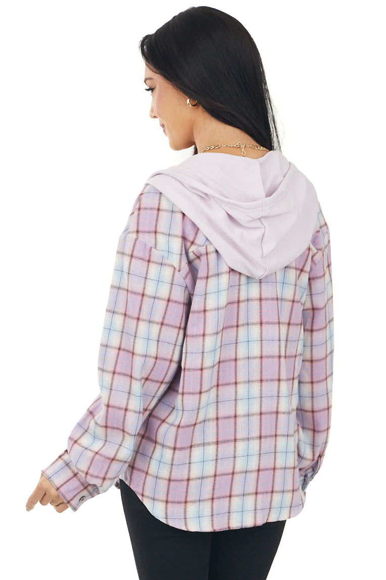 Lilac Plaid Drawstring Hood Flannel Top