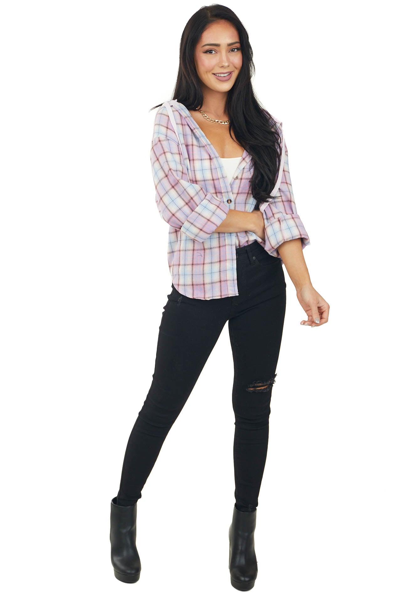 Lilac Plaid Drawstring Hood Flannel Top