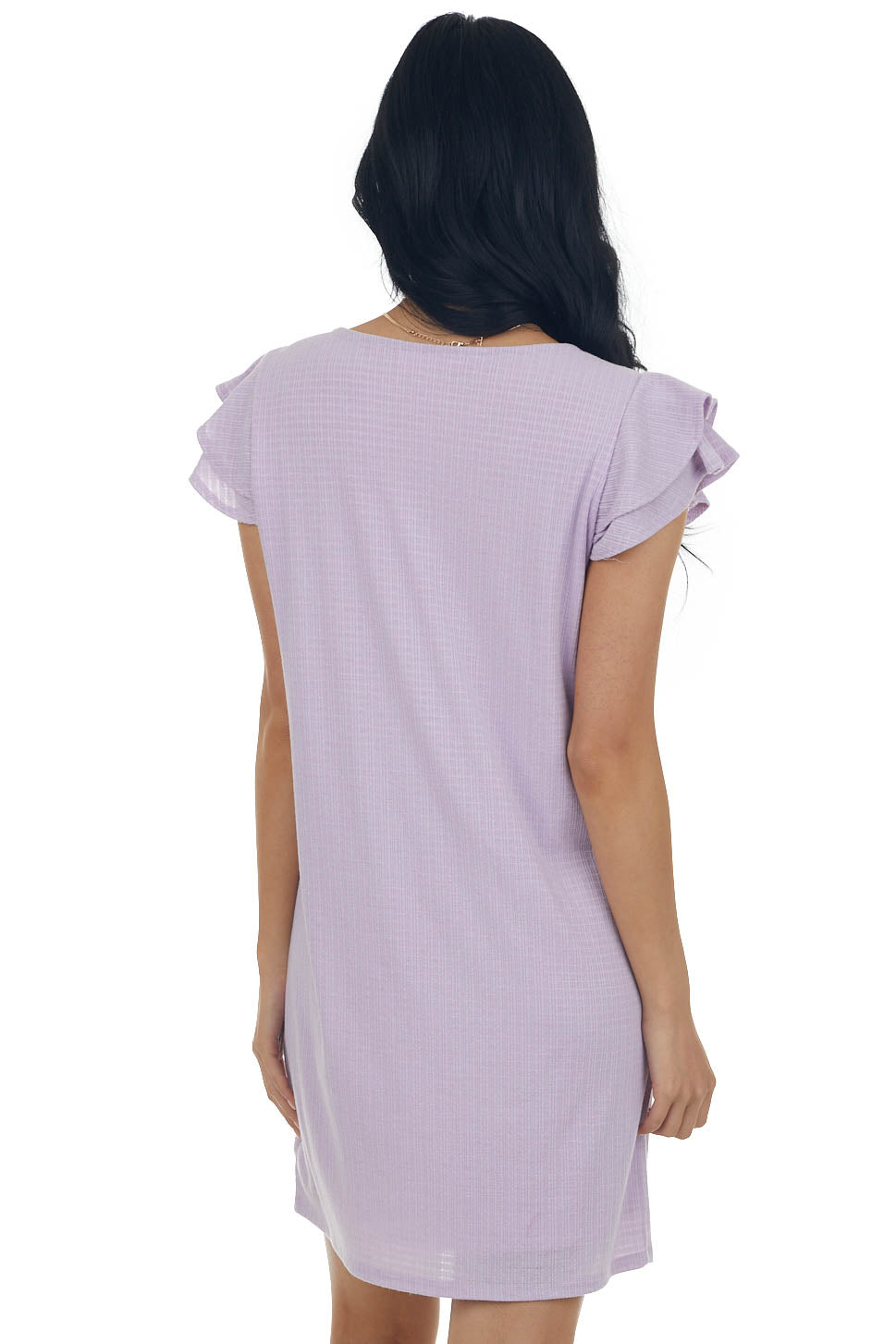 Lilac Ruffle Sleeve Ribbed Knit Shift Dress