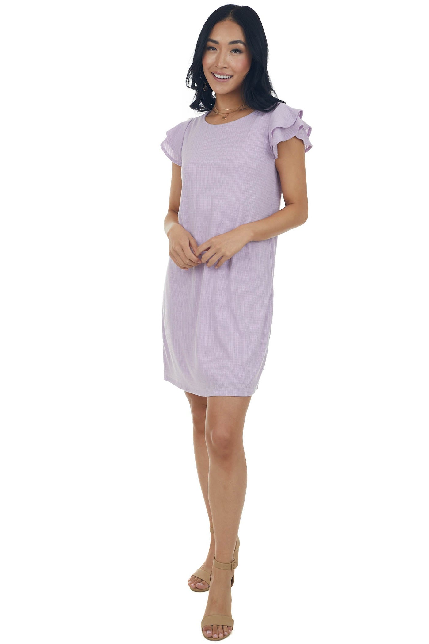 Lilac Ruffle Sleeve Ribbed Knit Shift Dress