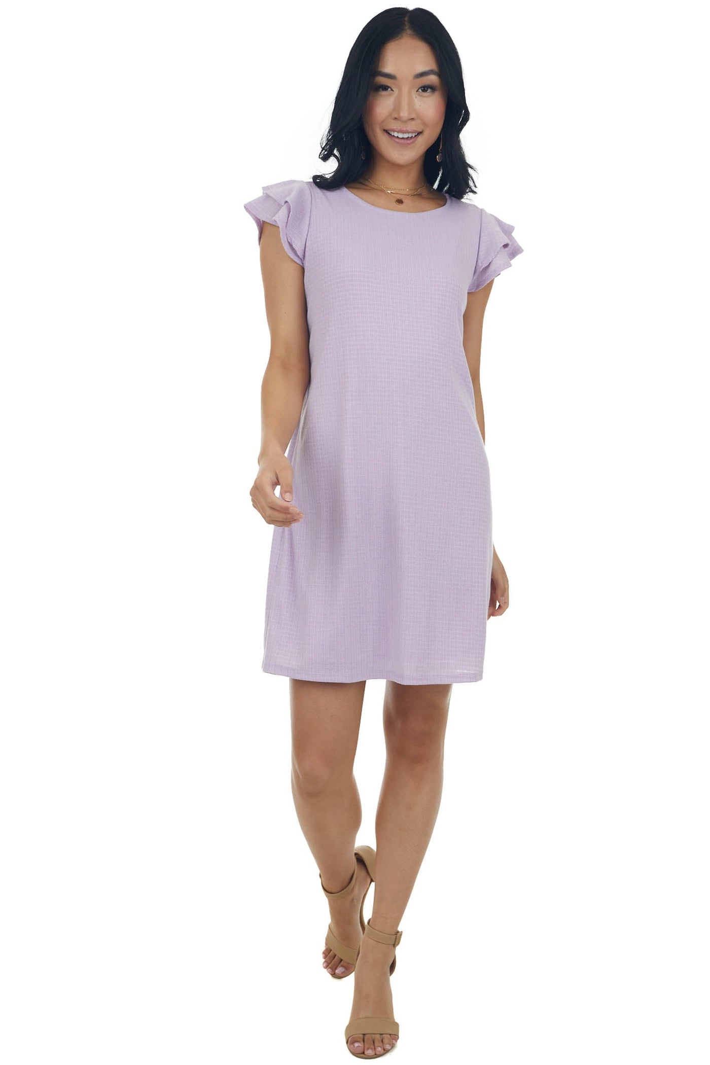 Lilac Ruffle Sleeve Ribbed Knit Shift Dress