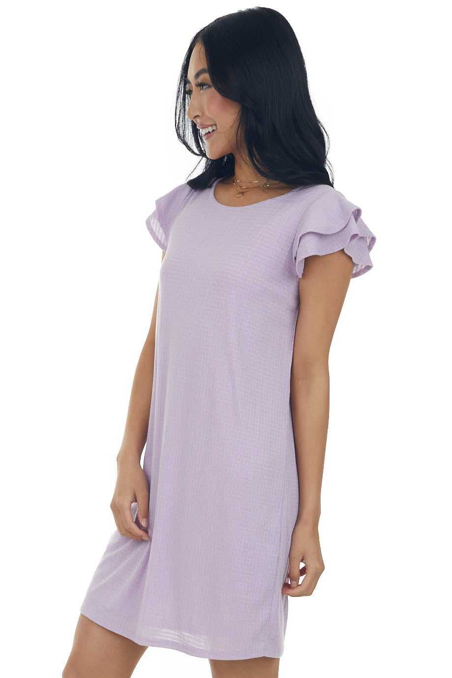 Lilac Ruffle Sleeve Ribbed Knit Shift Dress