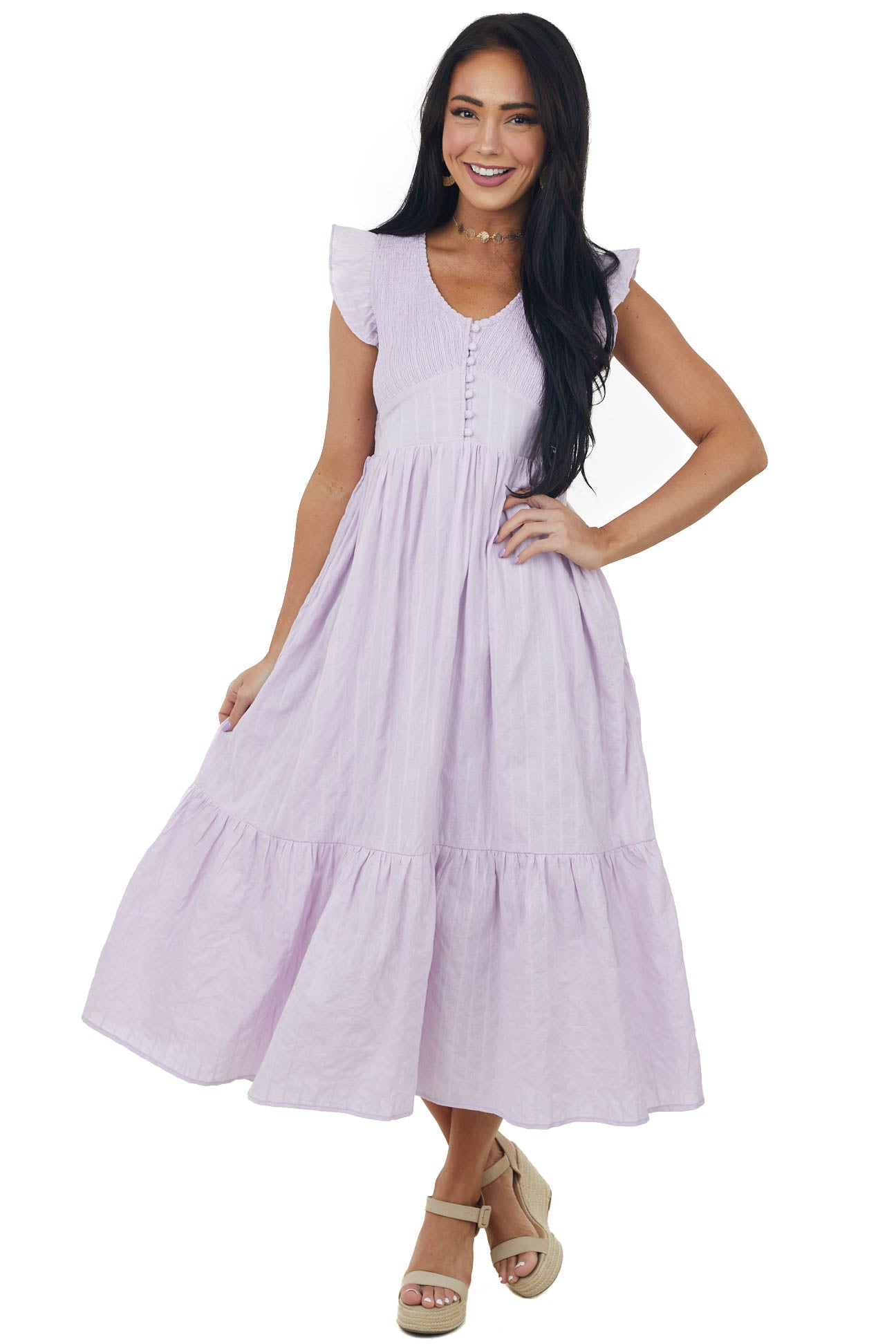 Lilac Short Sleeve Smocked Tiered Woven Dress