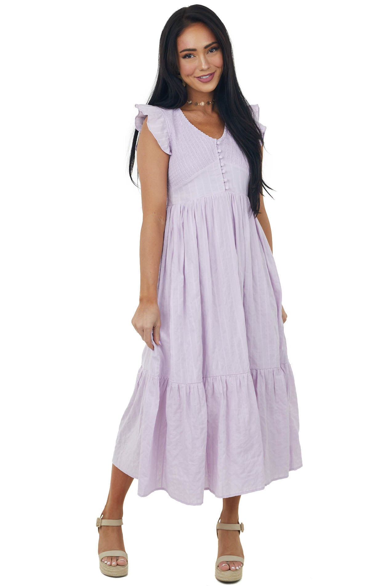 Lilac Short Sleeve Smocked Tiered Woven Dress