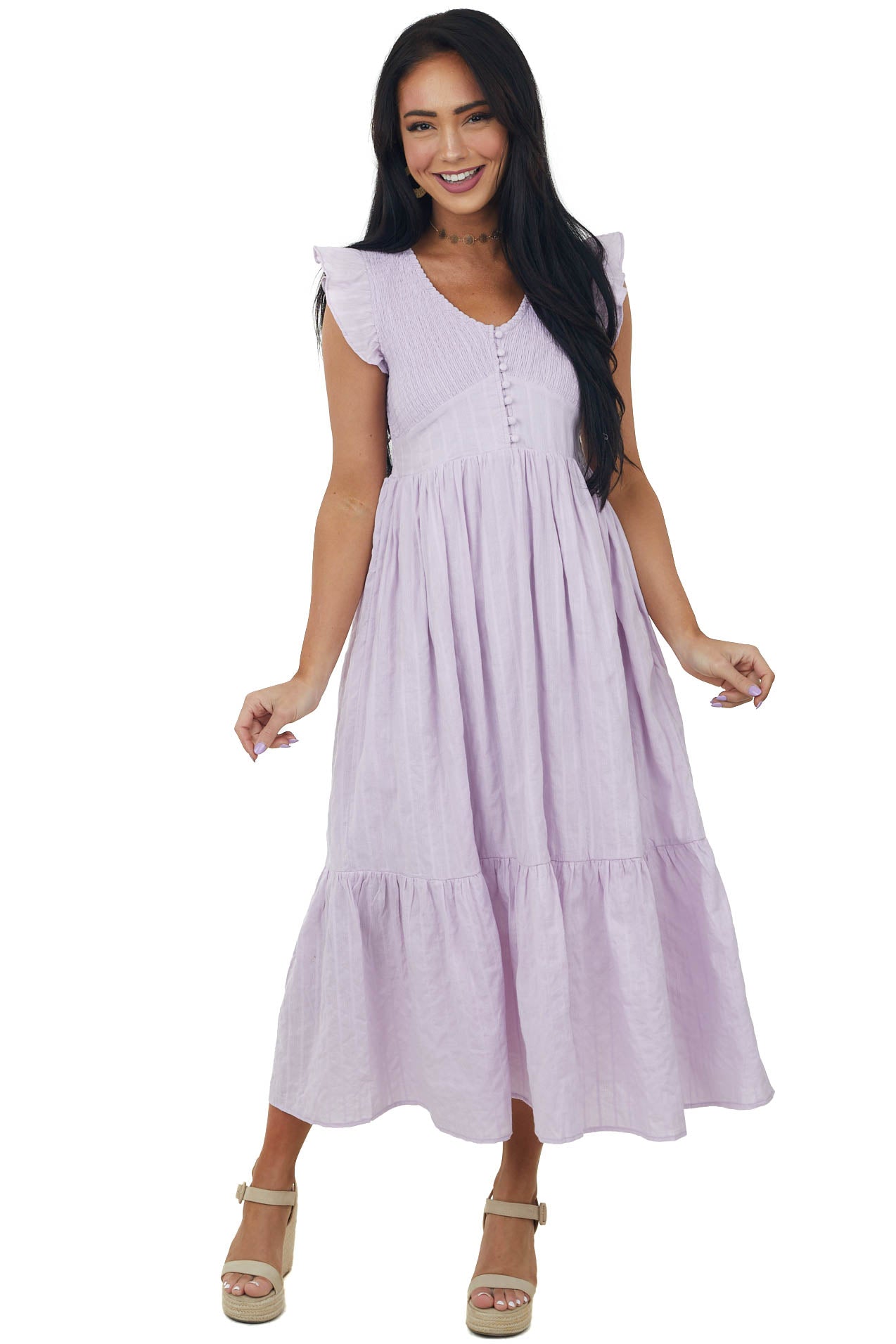Lilac Short Sleeve Smocked Tiered Woven Dress