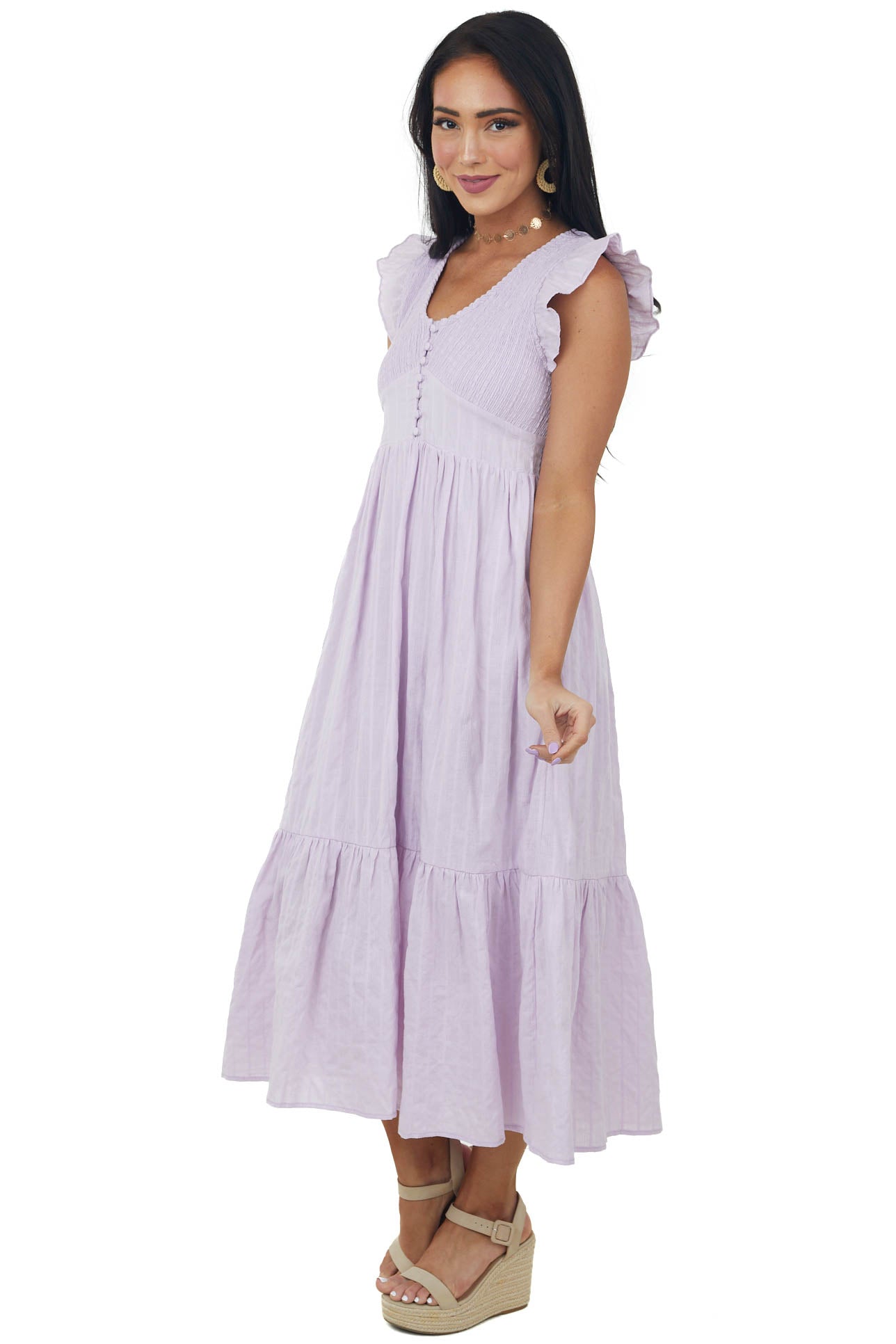 Lilac Short Sleeve Smocked Tiered Woven Dress