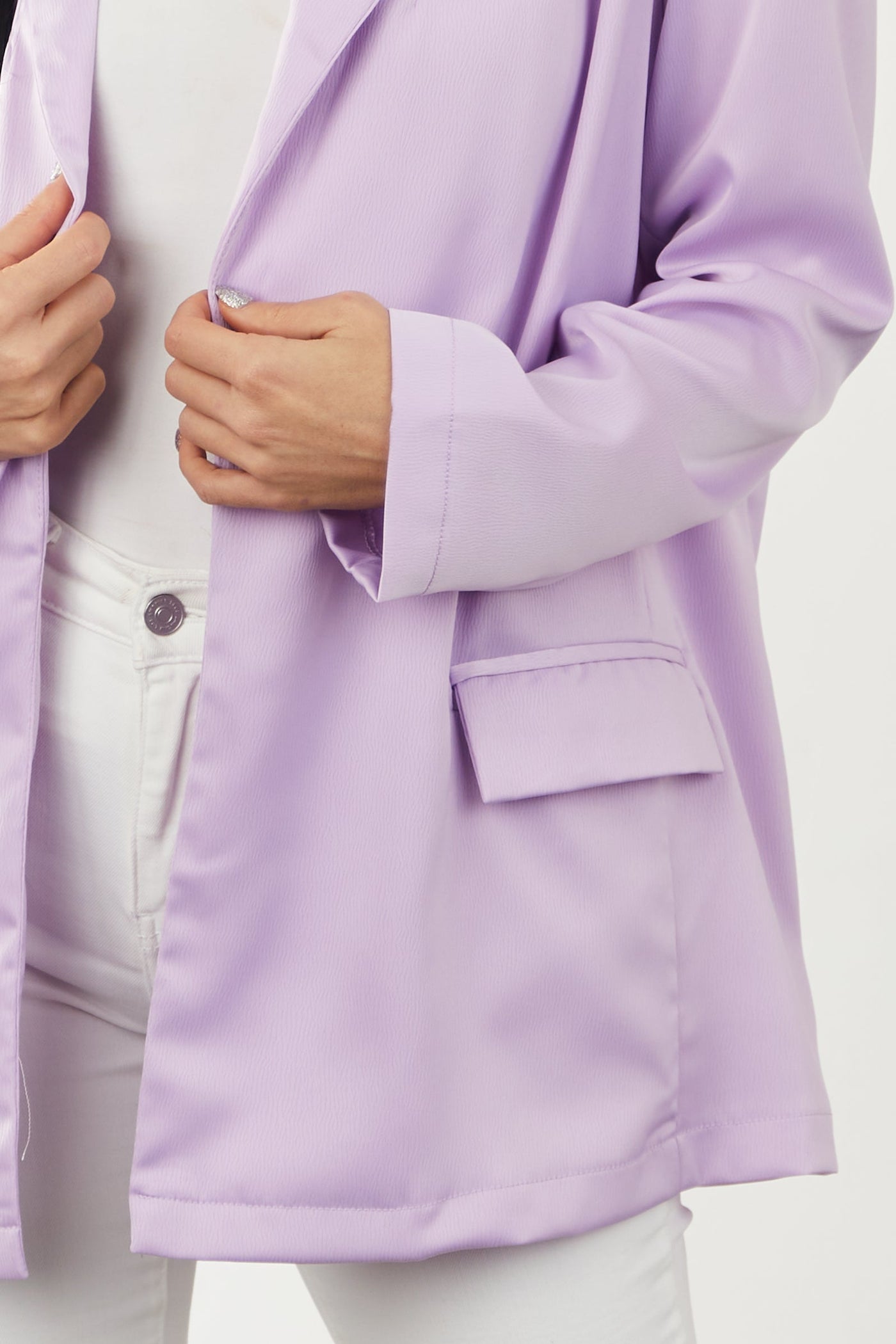Lilac Shoulder Pad Pouch Pocket Satin Blazer