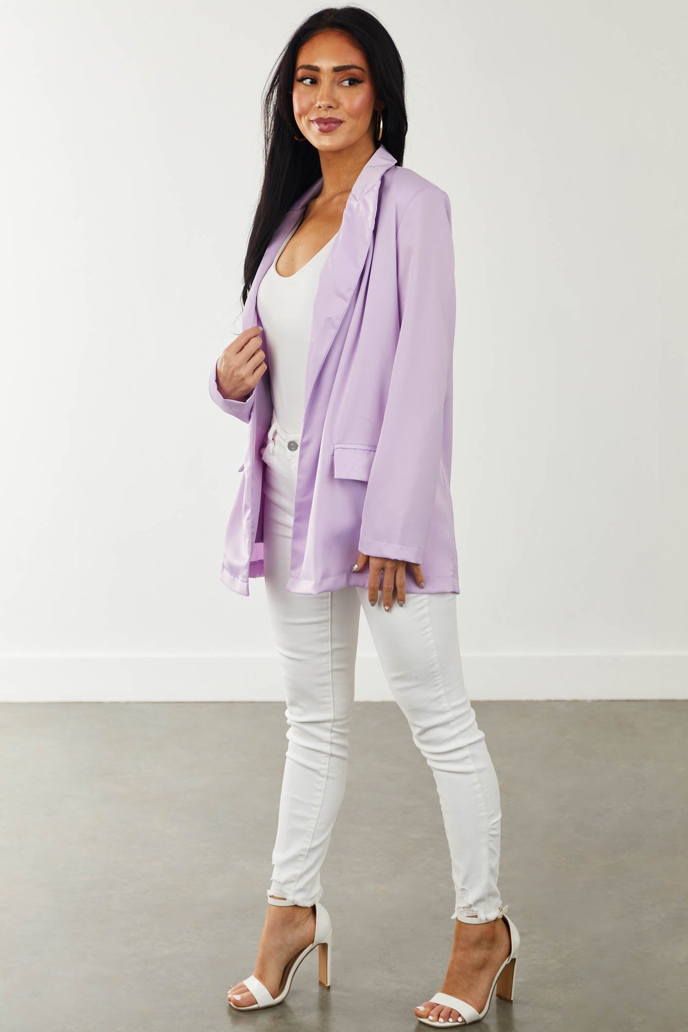 Lilac Shoulder Pad Pouch Pocket Satin Blazer