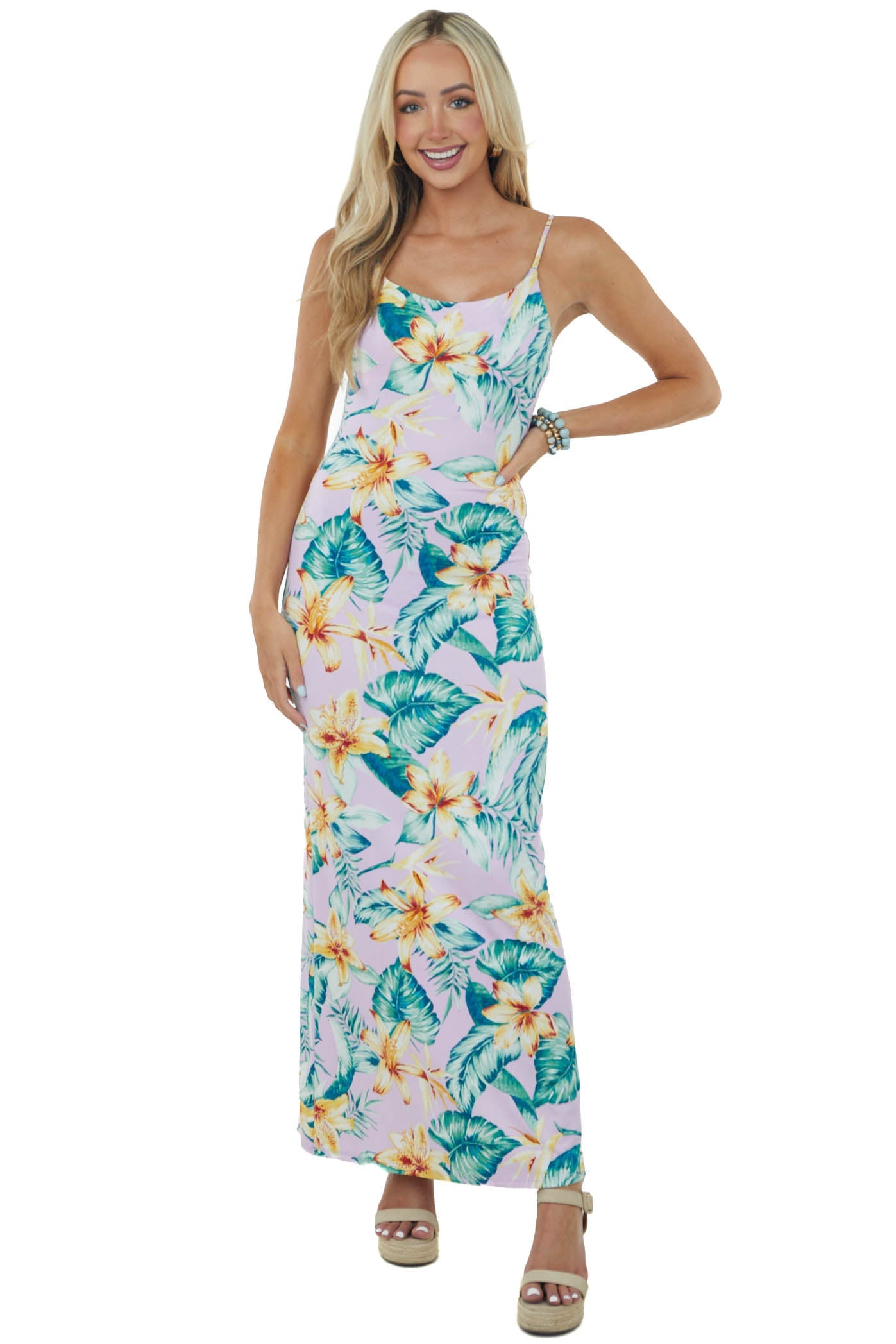 Lilac Tropical Print Sleeveless Knit Maxi Dress