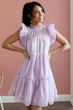 Lilac Glossy Short Dress with Flutter Sleeves