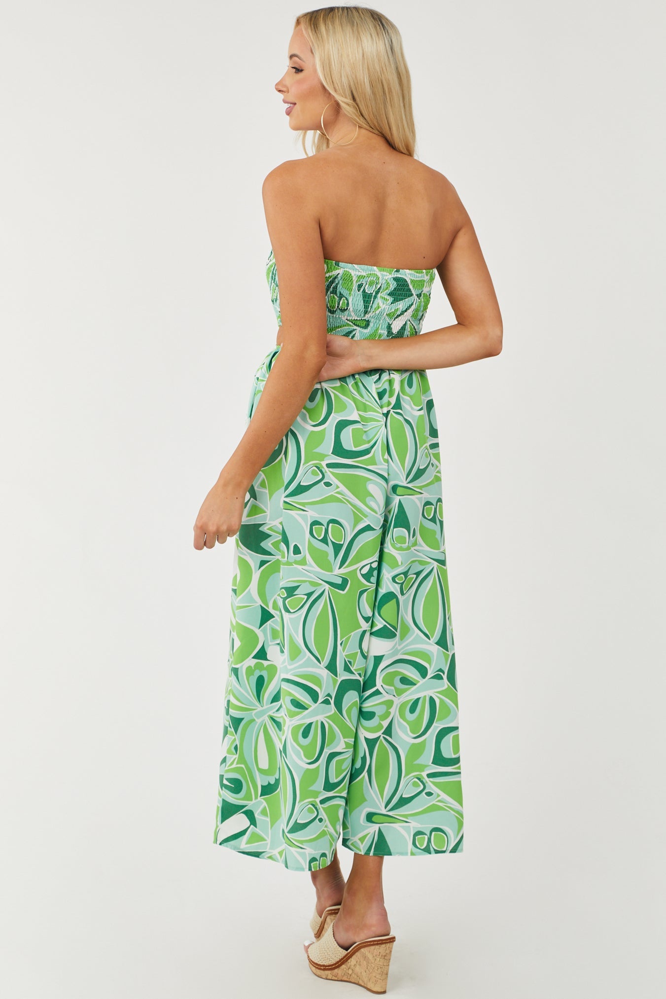 Lime Abstract Print Strapless Smocked Jumpsuit