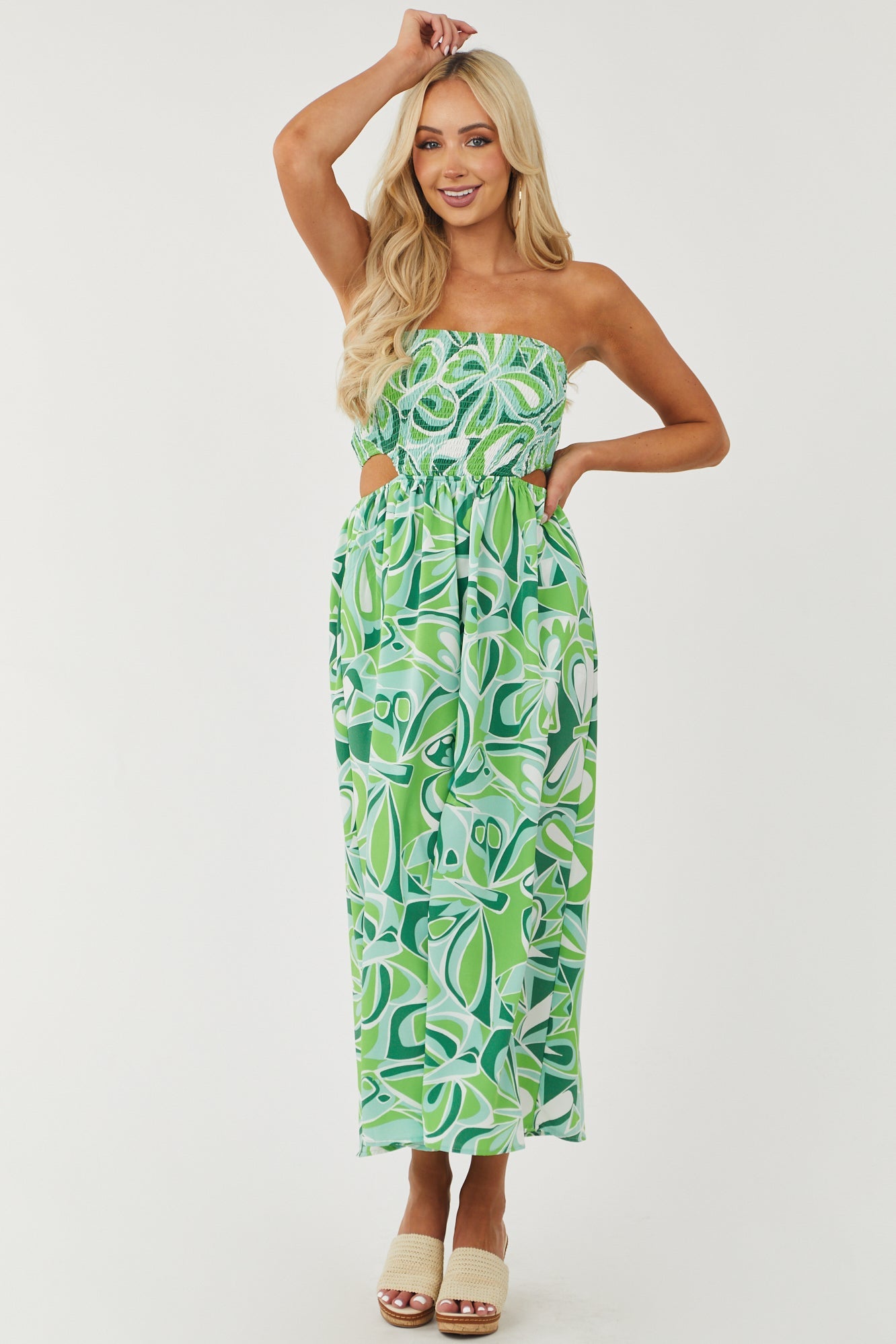 Lime Abstract Print Strapless Smocked Jumpsuit