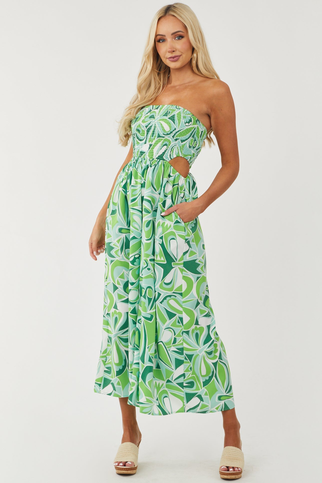 Lime Abstract Print Strapless Smocked Jumpsuit